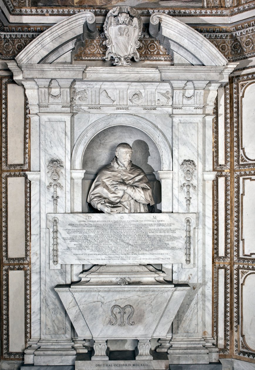 Begravningsmonument till hyllning till kardinal Giovanni Garcia Mellini med porträtt i byst Marmorskulptur av Alesssandro Algardi (1598-1654) 1630 runt Rom-basilikan Santa Maria del Popolo, Cappella Mellini av Alessandro Algardi