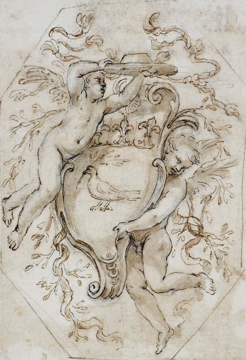 Två Putti som stöder en kardinalhatt och en skylt med armarna på Camillo Pamphili: Design för en stuckaturdekoration, av Alessandro Algardi