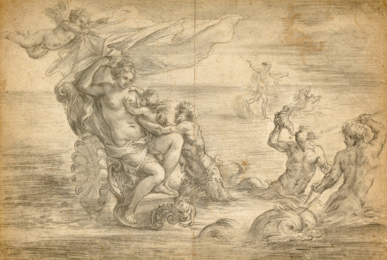 Venus sittande i sin havsvagn sugande Amor av Alessandro Algardi
