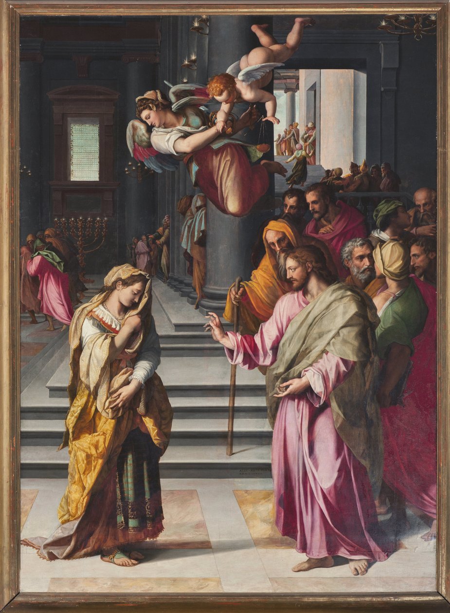 Jesus och kvinnan gripna i äktenskapsbrott (målning av Alessandro Allori