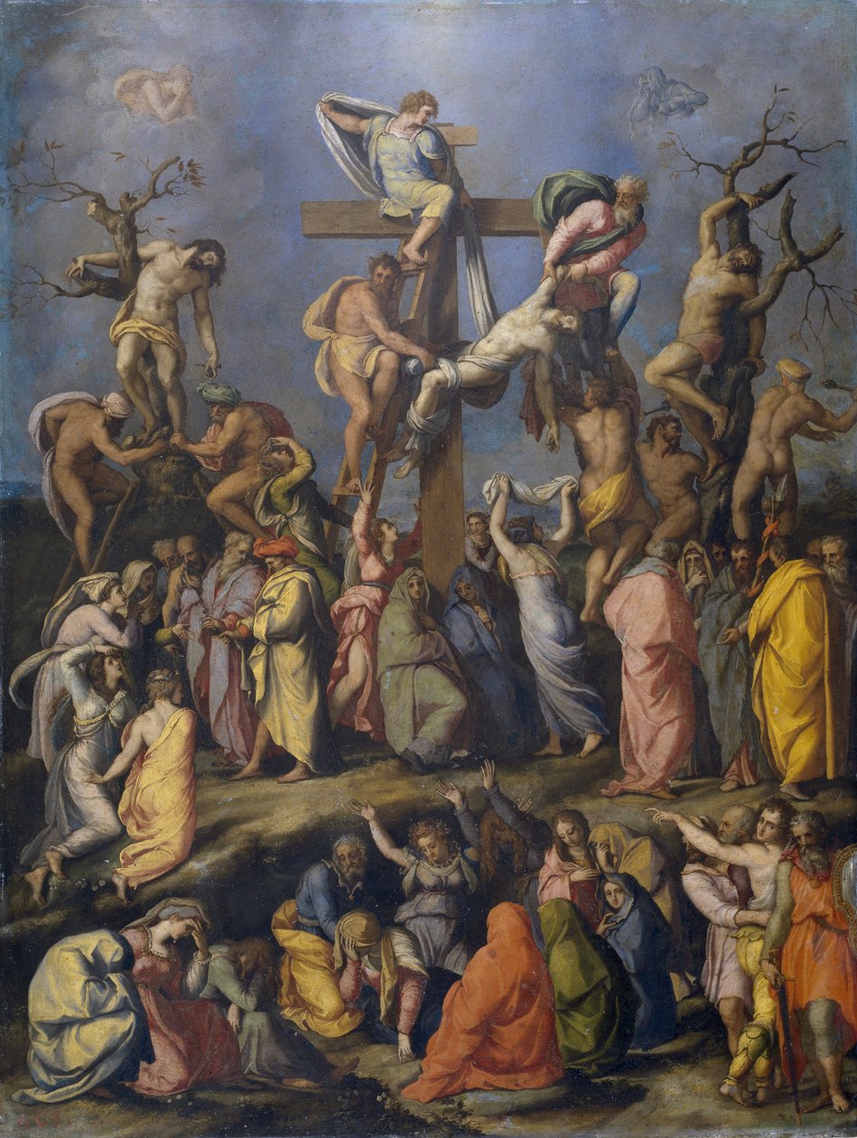 The Descent from the Cross - Målning av Alessandro Allori (1535-1607), olja på duk (70x54 cm), omkring 1560 - (The Descent from the Cross, Olja på duk av A. Allori, ca 1560) - Museo del Prado , Madrid av Alessandro Allori