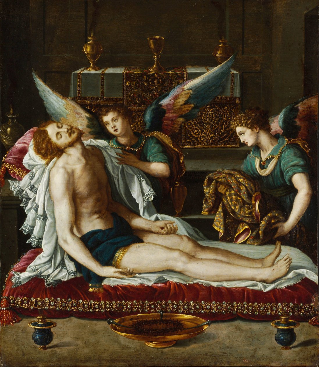 Le Corps du Christ oint par deux anges - Kristi kropp smord av två änglar - Allori, Alessandro (1535-1607) - ca 1593 - Olja på koppar - 45x39 - Szepmuveszeti Muzeum, Budapest av Alessandro Allori