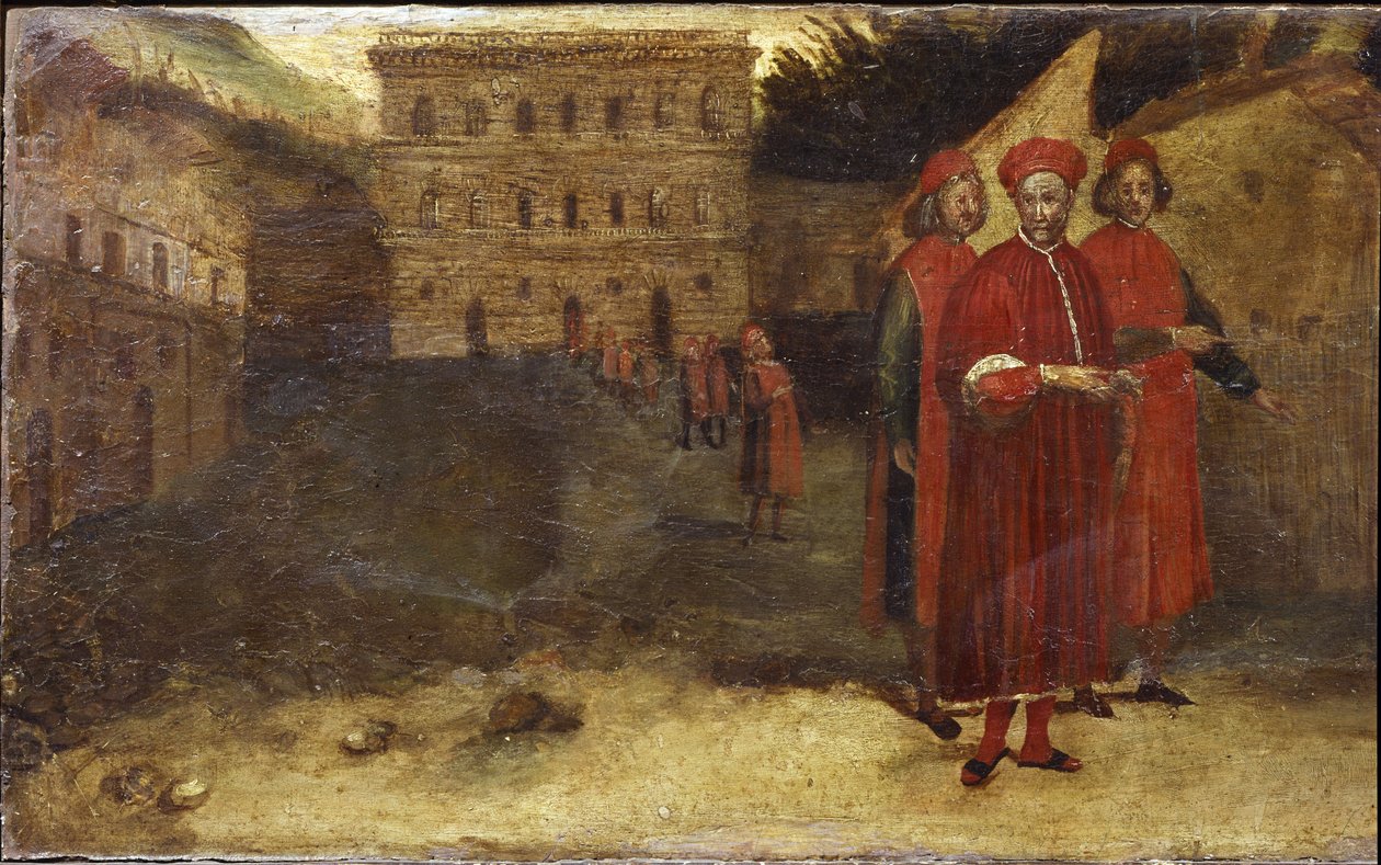 Luca Pitti italiensk bankir, framför sitt palats (Palazzo Pitti) av Alessandro Allori