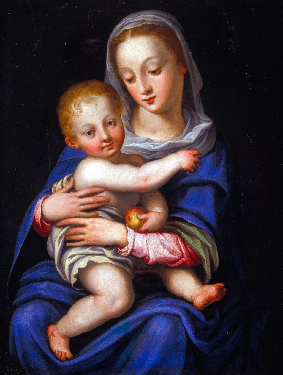 Madonna och barn (olja på försilvrad koppar) av Alessandro Allori