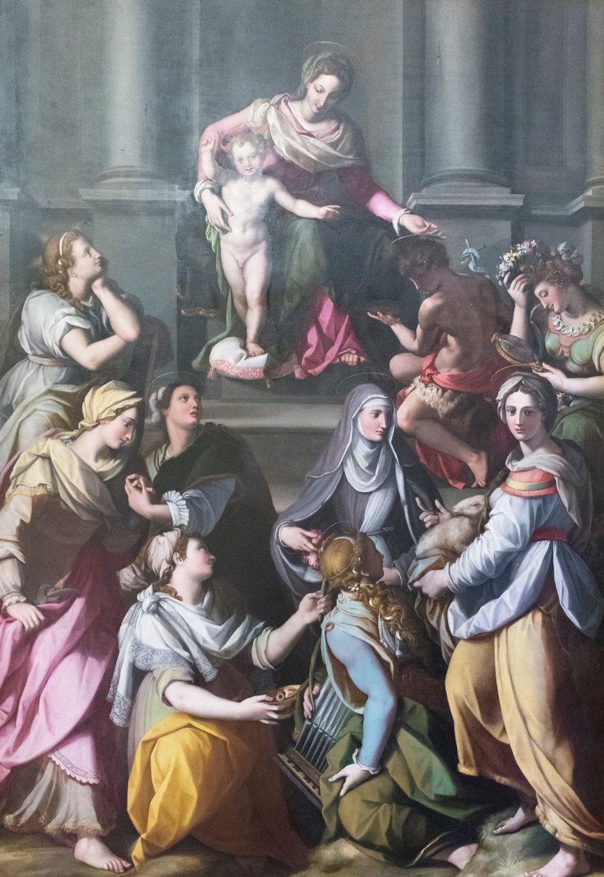 Madonna tronade med Child, omgiven av helgon och gestalter av Alessandro Allori
