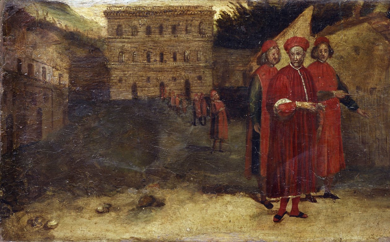 De heliga martyrerna, detalj av predella med en framställning av palatset (Palazzo) Pitti i bakgrunden. Målning av Alessandro Allori (1535 - 1607) av Alessandro Allori