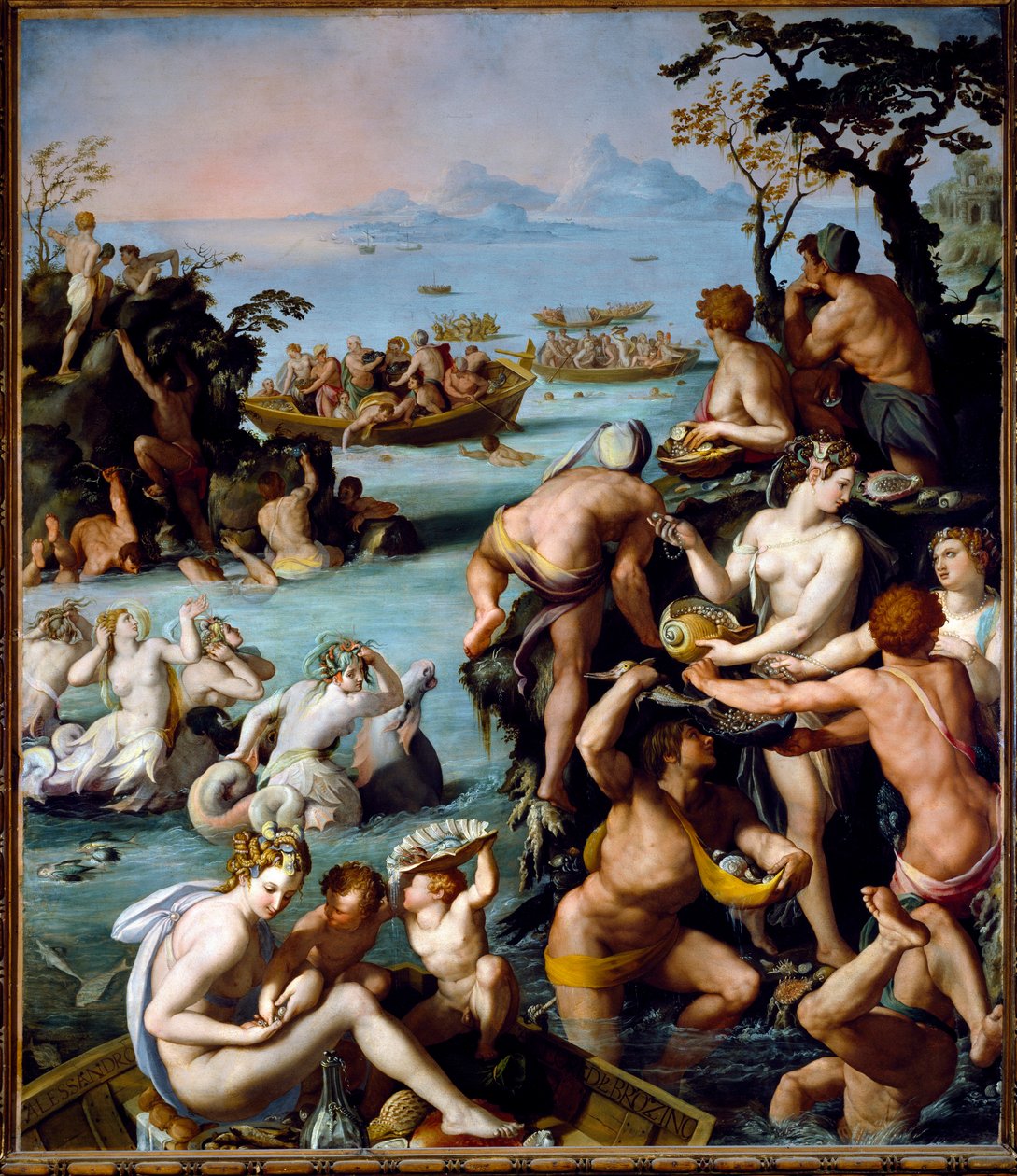 The Pearl Fishermen, ca 1570-1573 (olja på skiffer) av Alessandro Allori