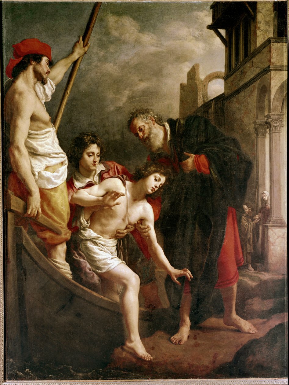 St Julians gästfrihet (olja på duk av Alessandro Allori