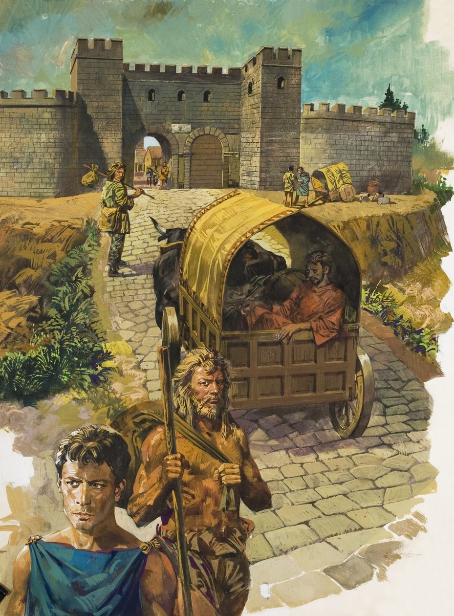 Vagn på väg in i en muromgärdad stad i Britannien (gouache på papper) av Alessandro Biffignandi