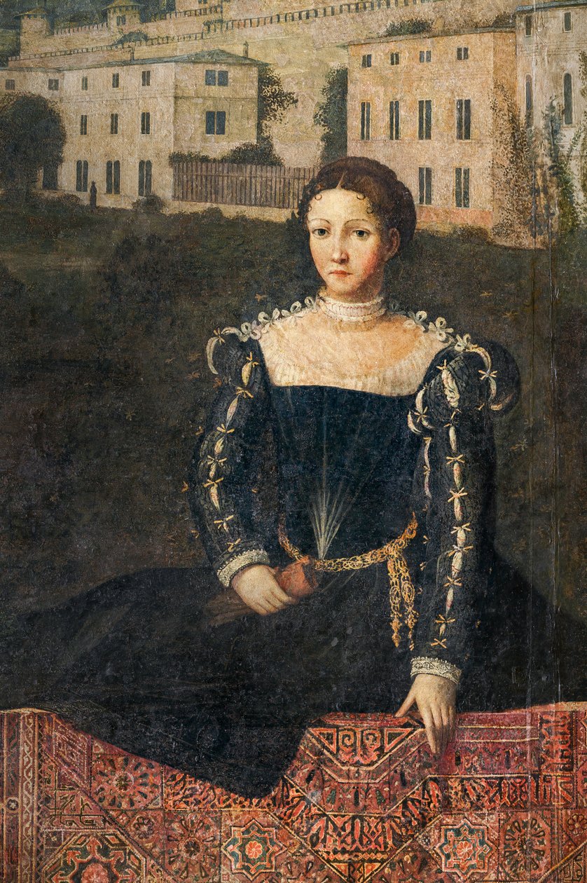 Porträtt av en adelsdam, detalj av de ädla damernas lilla rum (olja på duk limmad på väggarna) av Alessandro Bonvicino Moretto