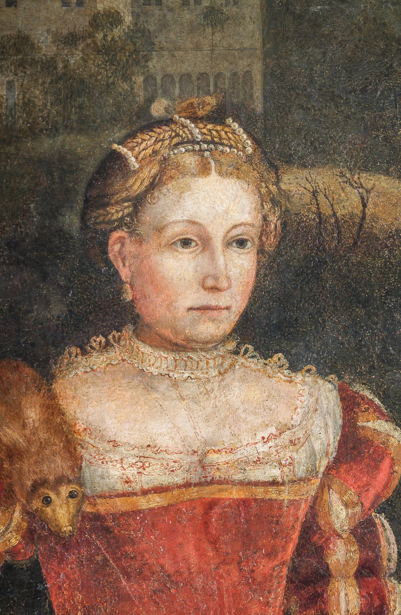 Porträtt av en adelsdam, detalj av de ädla damernas lilla rum (olja på duk limmad på väggarna) av Alessandro Bonvicino Moretto