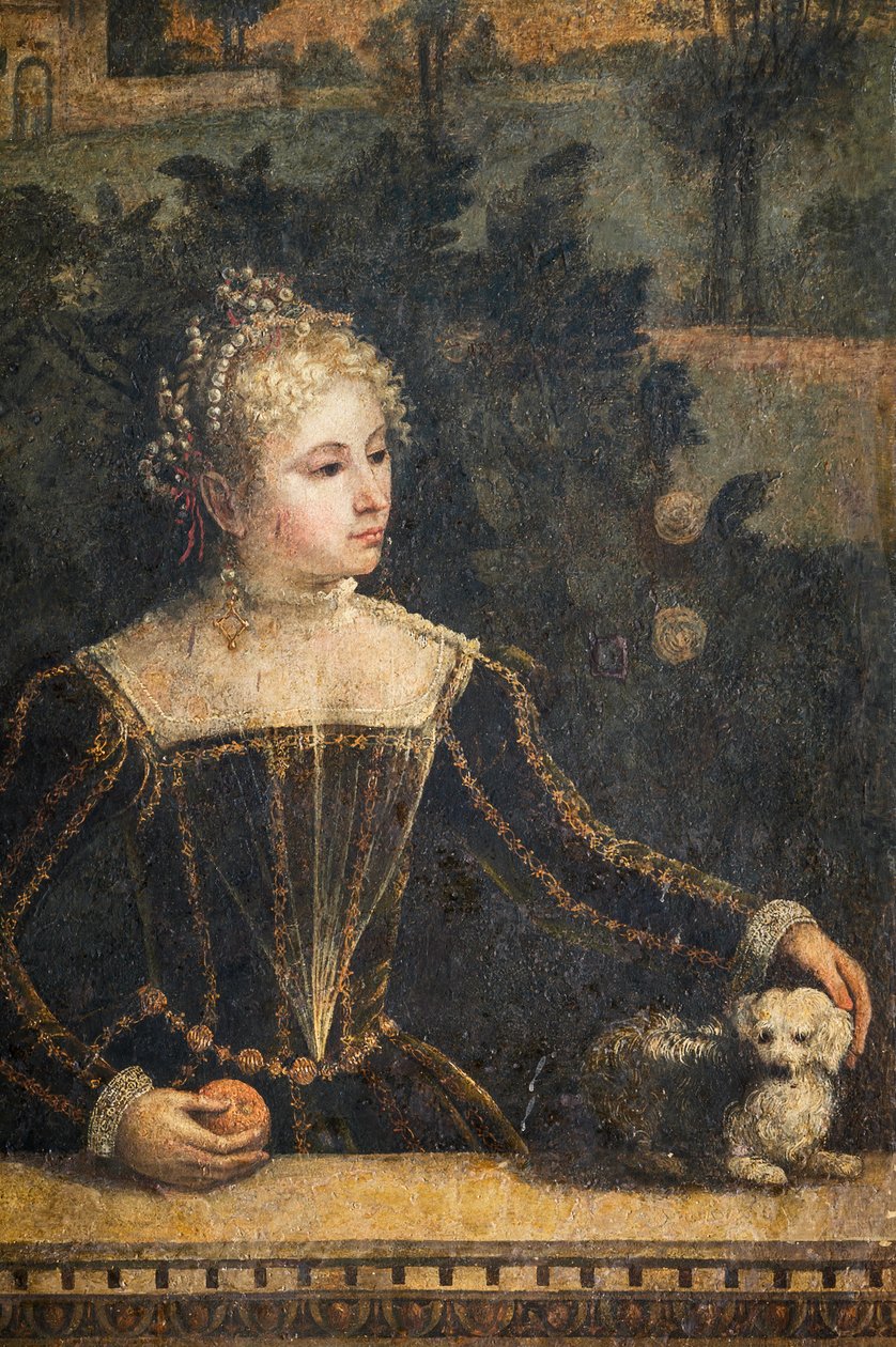 Porträtt av en adelsdam, detalj av de ädla damernas lilla rum (olja på duk limmad på väggarna) av Alessandro Bonvicino Moretto