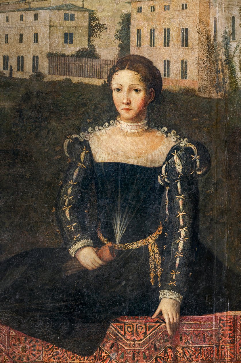 Porträtt av en adelsdam, detalj av de ädla damernas lilla rum (olja på duk limmad på väggarna) av Alessandro Bonvicino Moretto