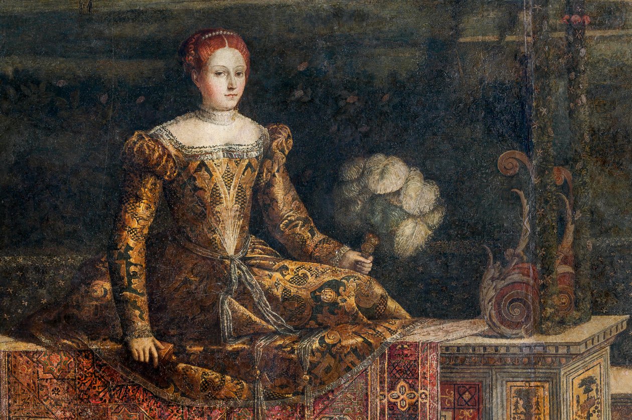 Porträtt av en adelsdam, detalj av de ädla damernas lilla rum (olja på duk limmad på väggarna) av Alessandro Bonvicino Moretto