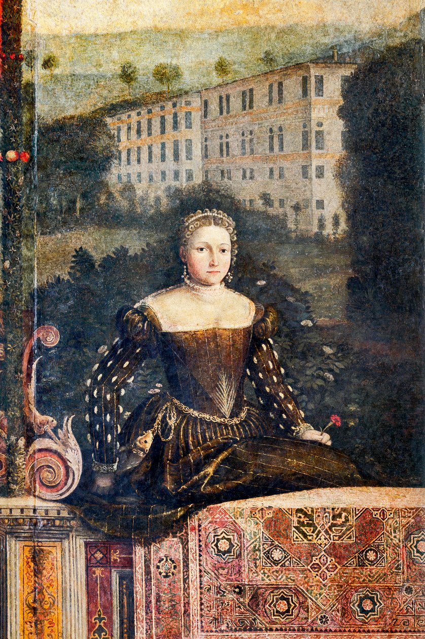 Porträtt av en adelsdam, detalj av de ädla damernas lilla rum (olja på duk limmad på väggarna) av Alessandro Bonvicino Moretto