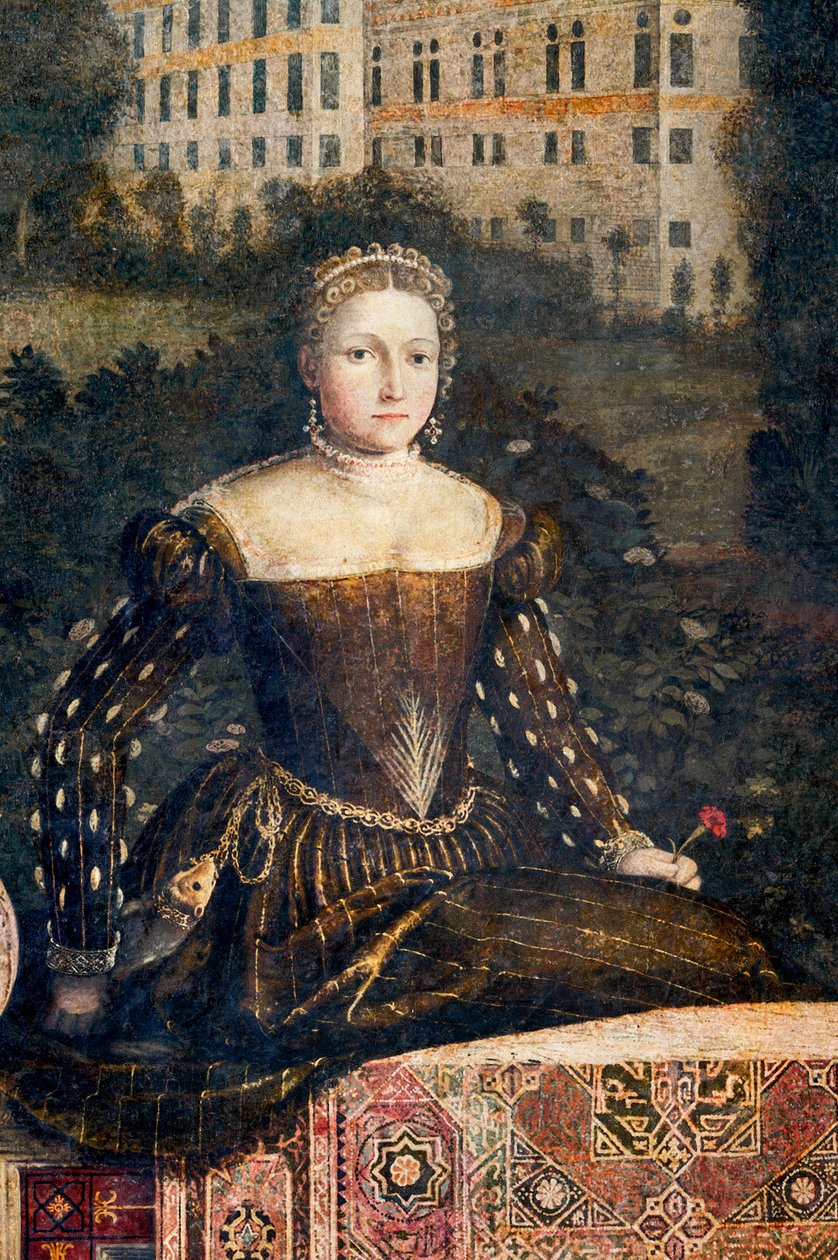 Porträtt av en adelskvinna, detalj av de ädla damernas lilla rum (olja på duk limmad på väggarna) av Alessandro Bonvicino Moretto
