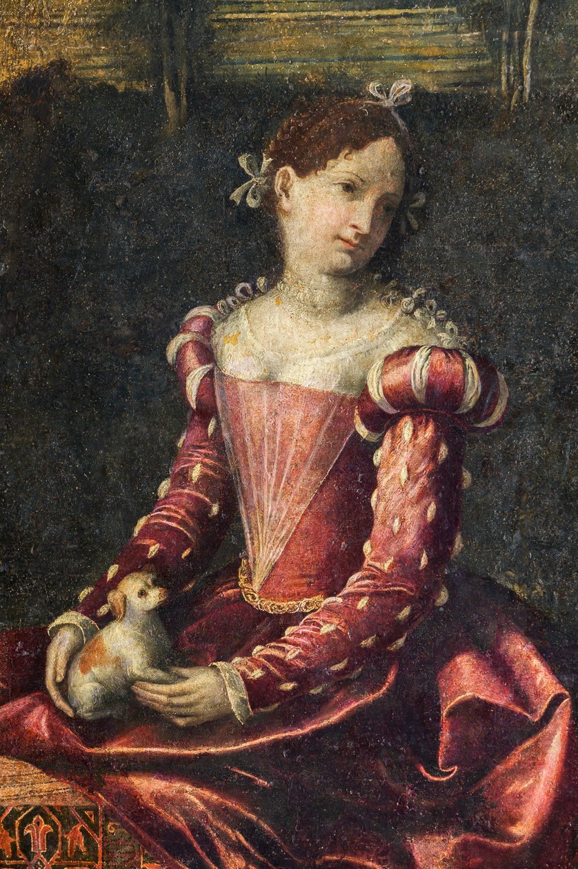 Porträtt av en adelsdam, detalj av de ädla damernas lilla rum (olja på duk limmad på väggarna) av Alessandro Bonvicino Moretto