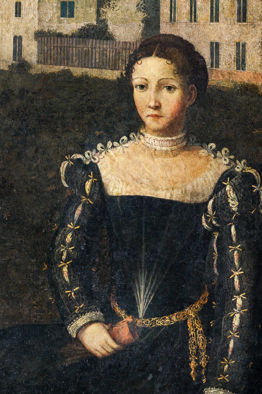 Porträtt av en adelsdam, detalj av de ädla damernas lilla rum (olja på duk limmad på väggarna) av Alessandro Bonvicino Moretto