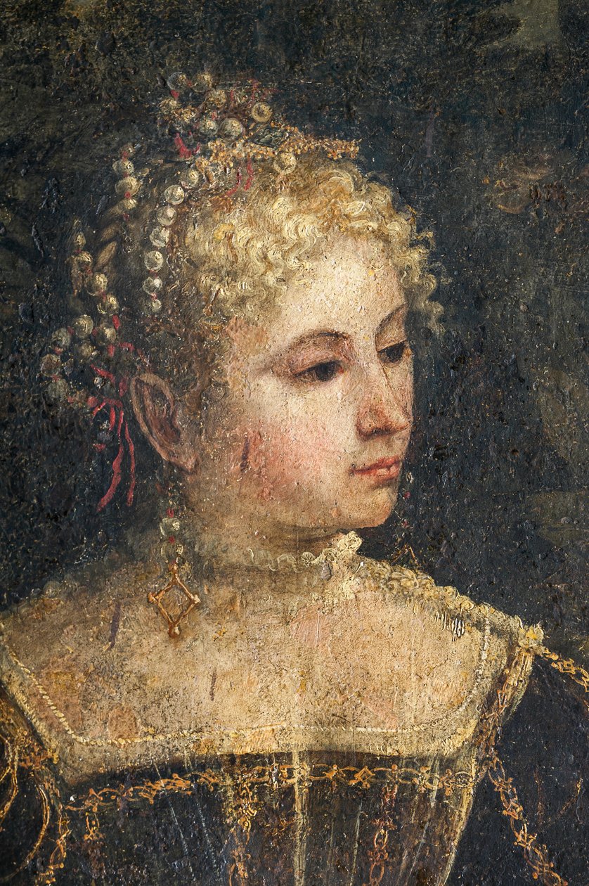 Porträtt av en adelsdam, detalj av de ädla damernas lilla rum (olja på duk limmad på väggarna) av Alessandro Bonvicino Moretto