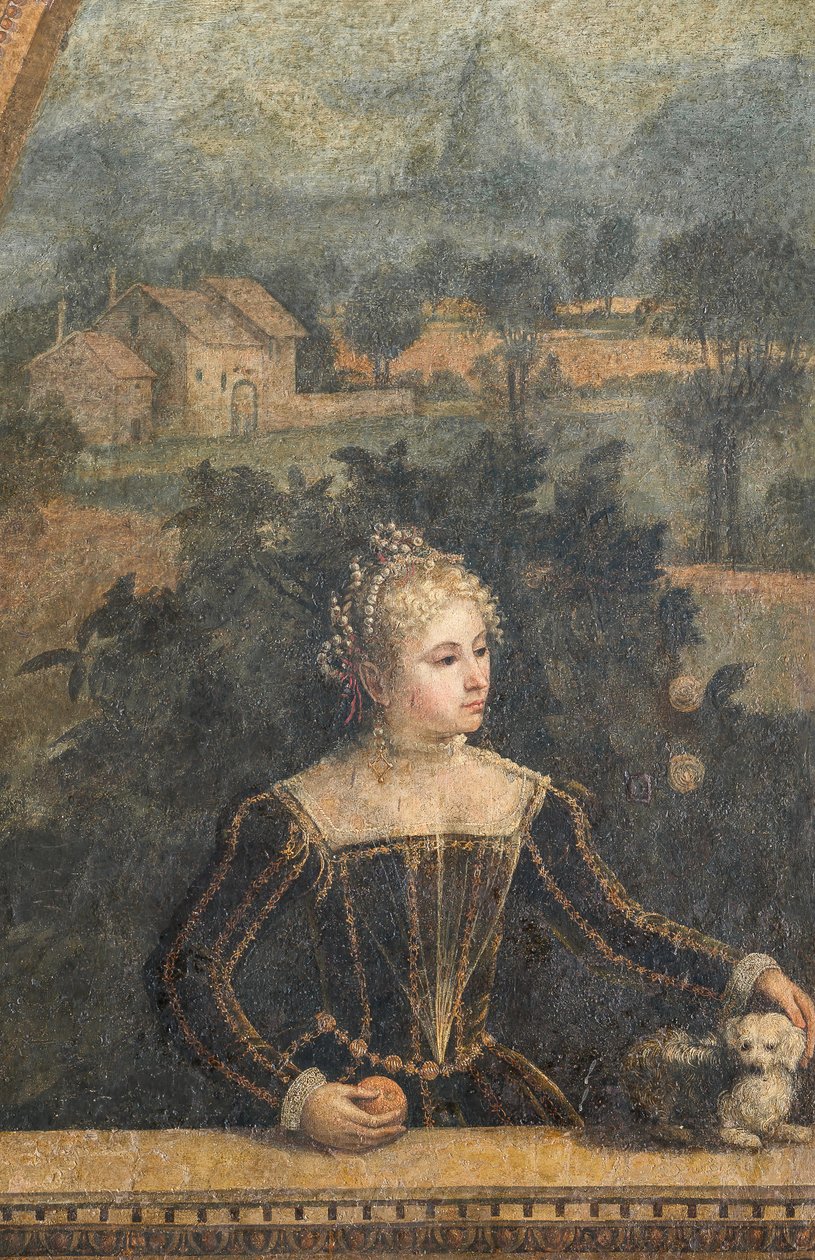 Porträtt av en adelsdam, detalj av de ädla damernas lilla rum (olja på duk limmad på väggarna) av Alessandro Bonvicino Moretto