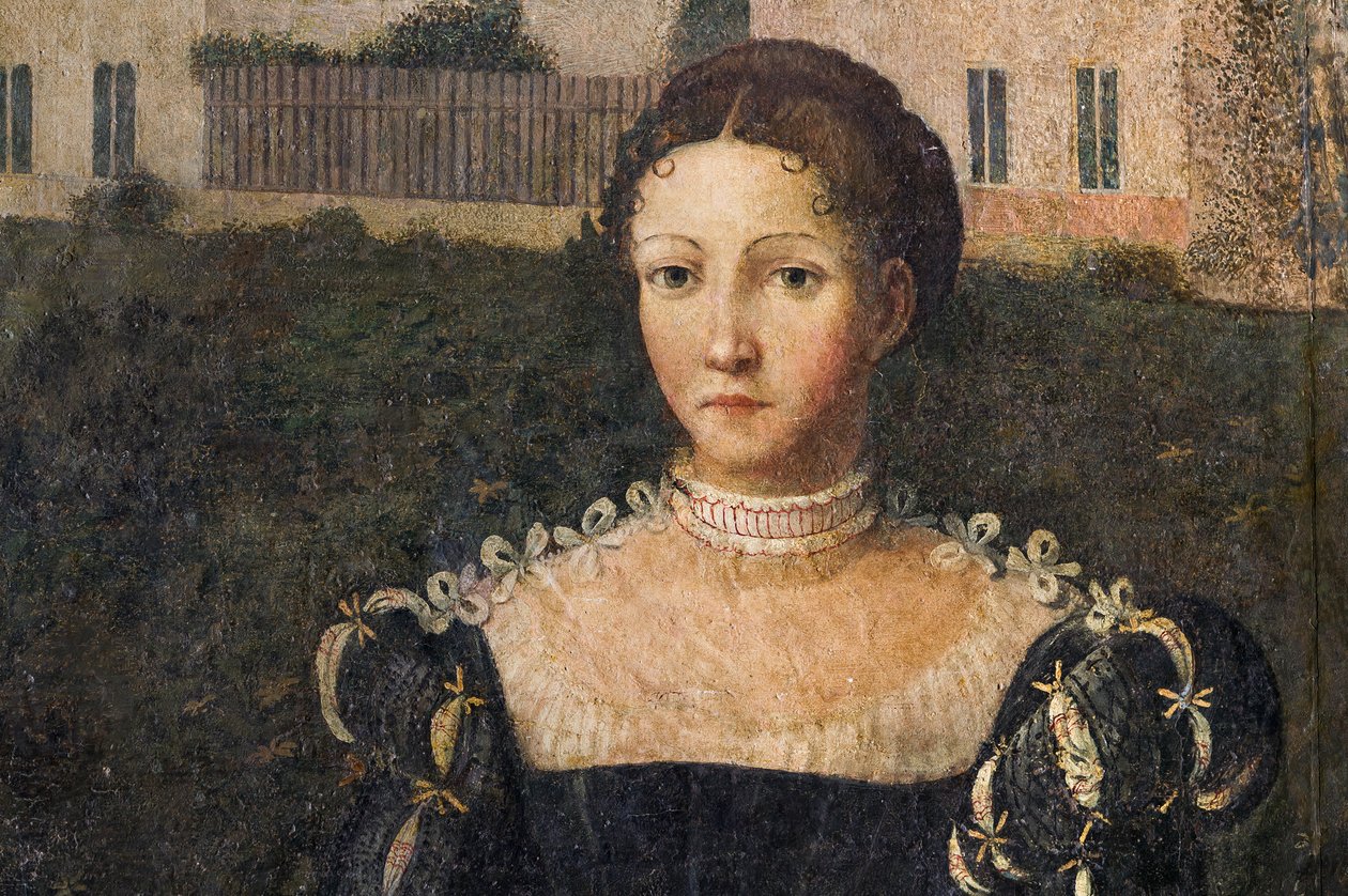 Porträtt av en adelsdam, detalj av de ädla damernas lilla rum (olja på duk limmad på väggarna) av Alessandro Bonvicino Moretto