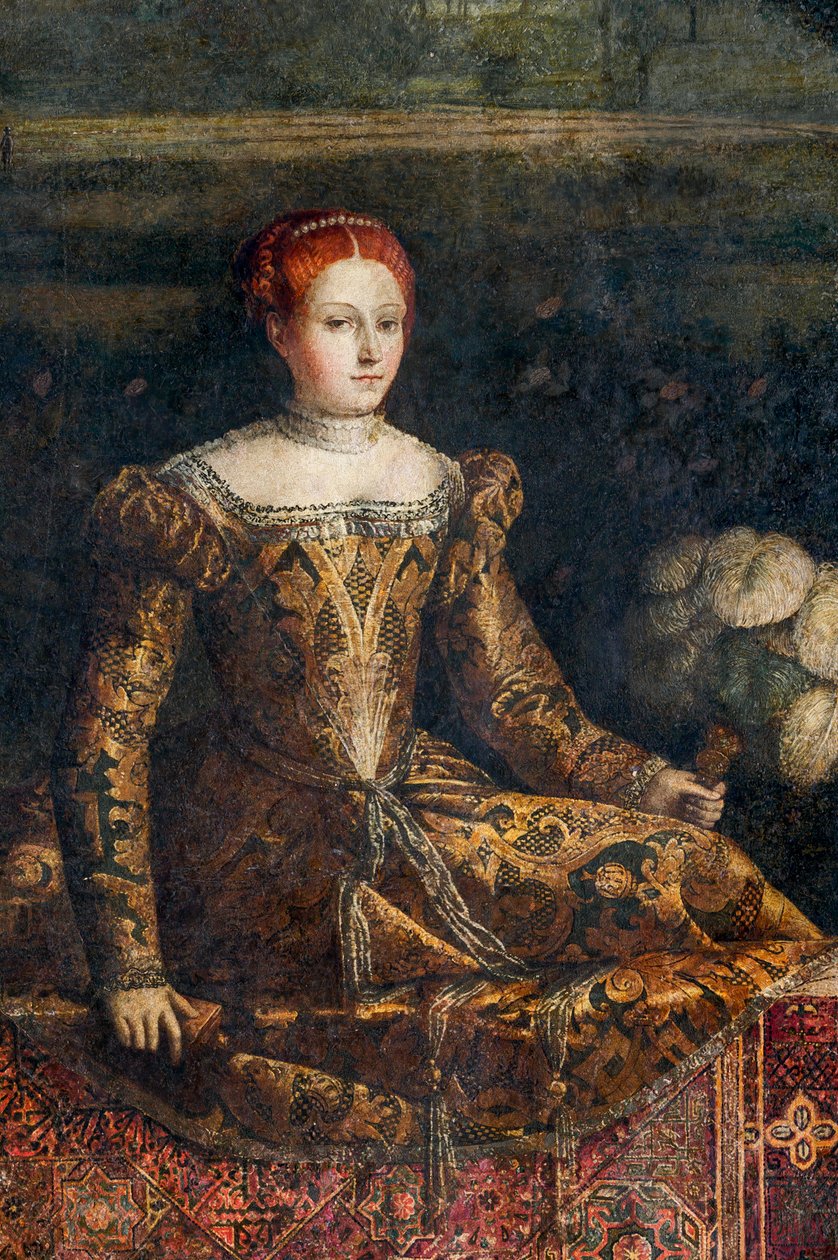 Porträtt av en adelsdam, detalj av de ädla damernas lilla rum (olja på duk limmad på väggarna) av Alessandro Bonvicino Moretto