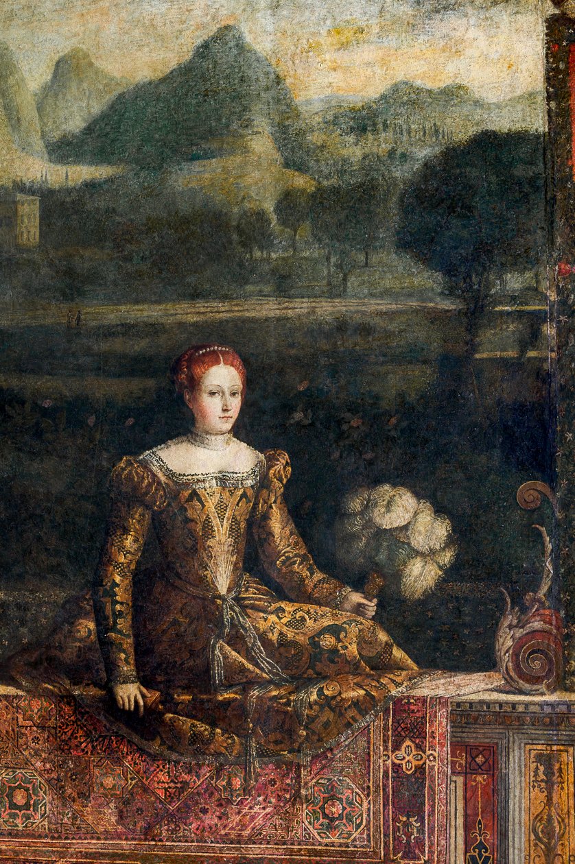 Porträtt av en adelsdam, detalj av de ädla damernas lilla rum (olja på duk limmad på väggarna) av Alessandro Bonvicino Moretto