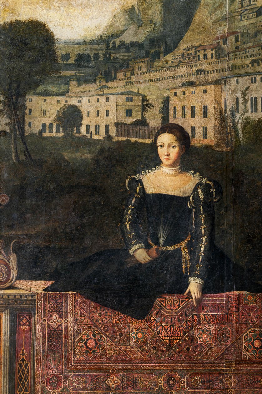 Porträtt av en adelskvinna, detalj av de ädla damernas lilla rum (olja på duk limmad på väggarna) av Alessandro Bonvicino Moretto