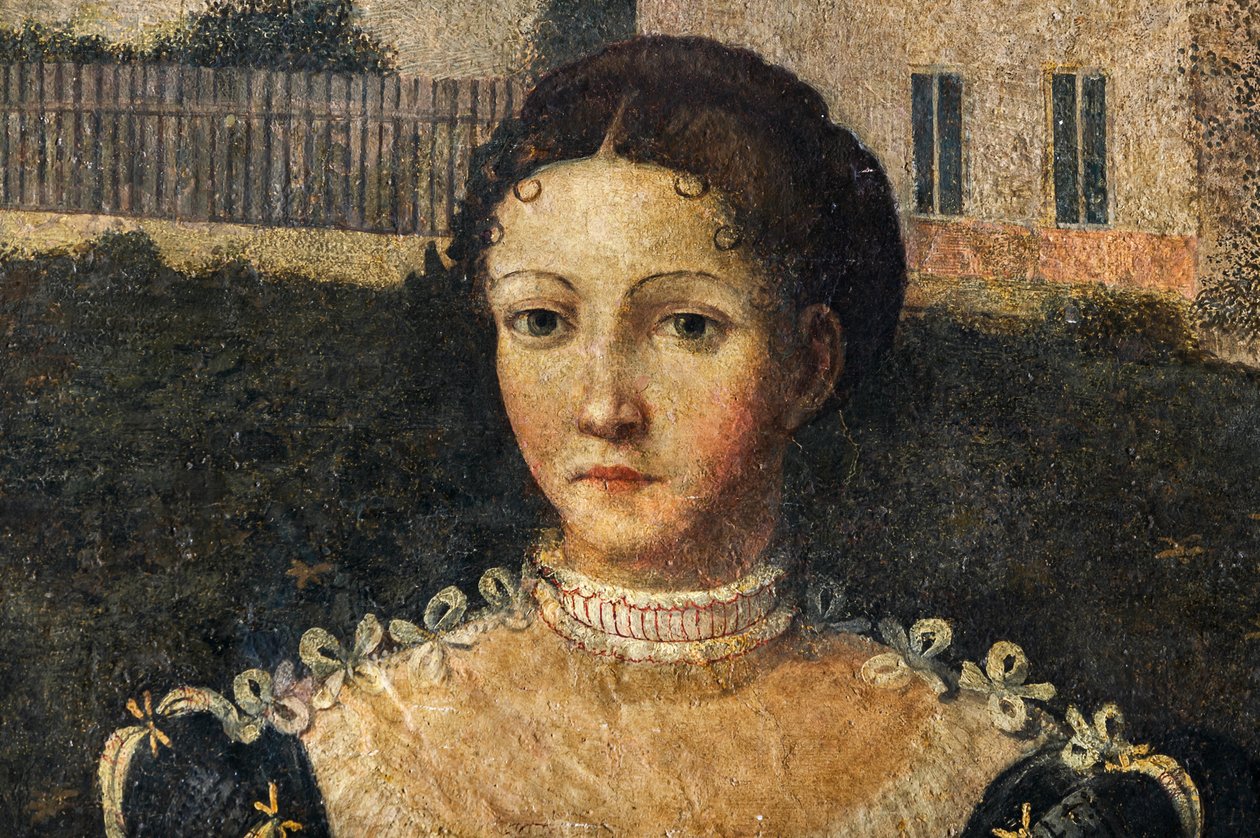 Porträtt av en adelskvinna, detalj av de ädla damernas lilla rum (olja på duk limmad på väggarna) av Alessandro Bonvicino Moretto