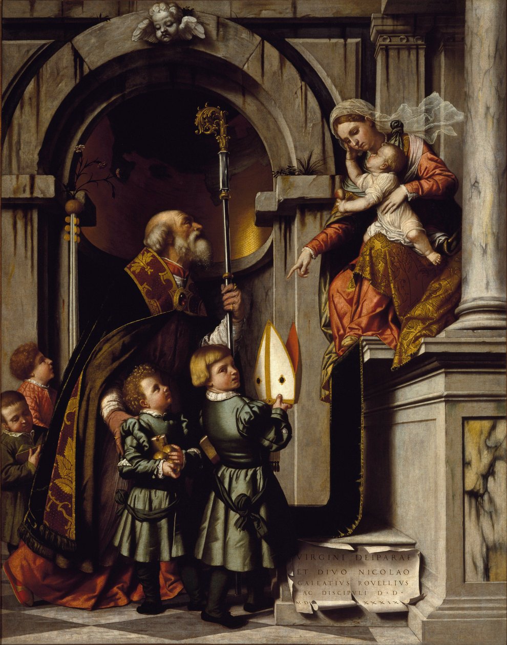 Sankt Nikolaus av Myra eller Bari (270-345) presenterar Galeazzo Rovellis elever till Jungfrun med Jesusbarnet på tronen Målning av Alessandro Bonvicino Dit il Moretto (1498-1554) 1500-talets sön. 245x192 cm Brescia, Pinacotheca Tosio Martinengo av Alessandro Bonvicino Moretto