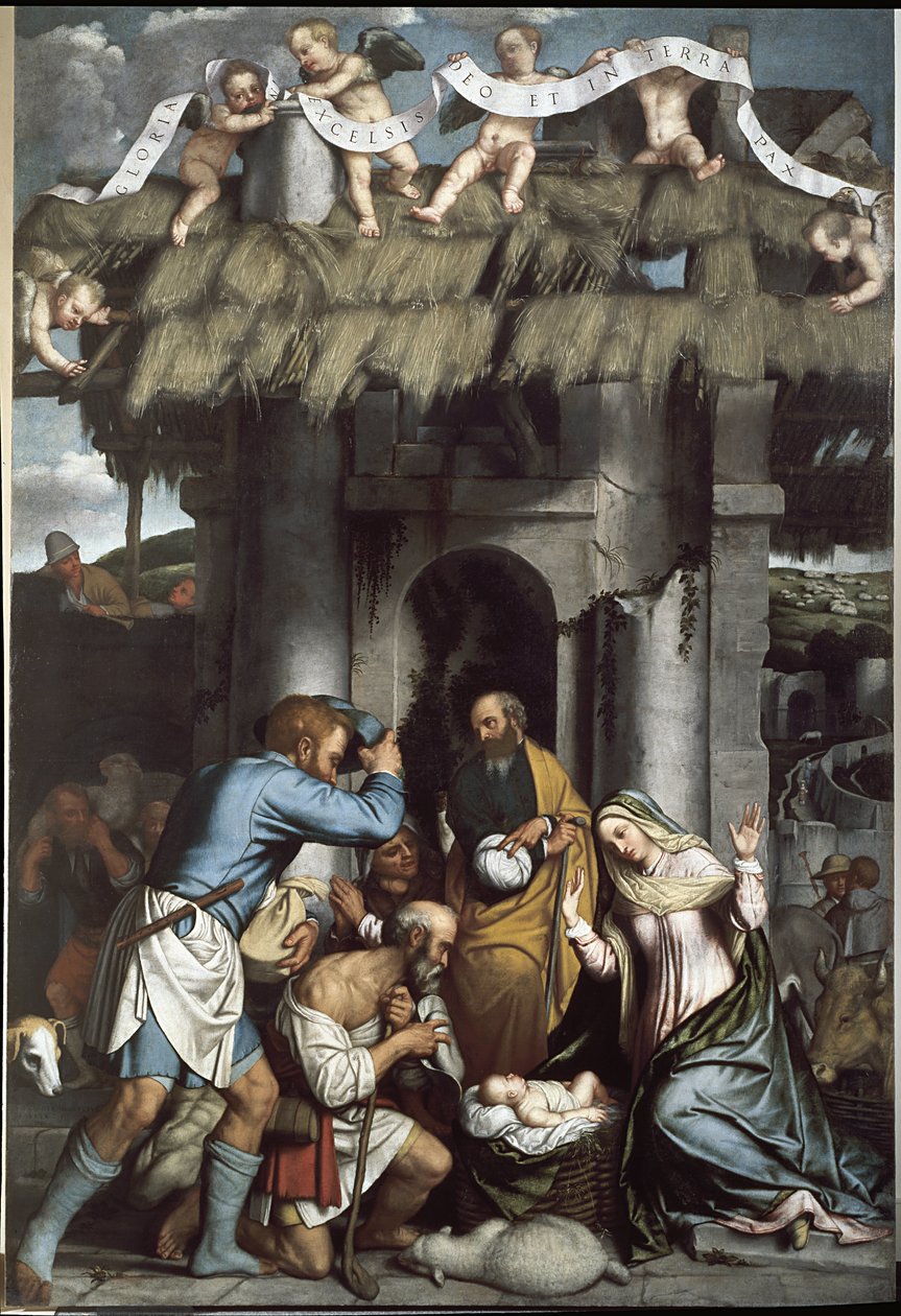 Tillbedjan av herdarna. (olja på duk av Alessandro Bonvicino Moretto
