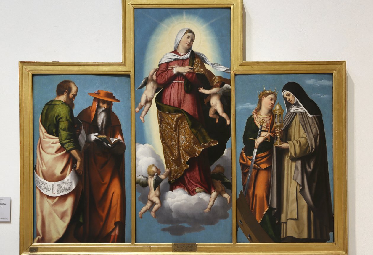 Jungfruns antagande med Sankt Markus och Sankt Hieronymus, Sankta Katarina av Alexandria och Sankta Klara, ca 1529 (olja på duk) av Alessandro Bonvicino Moretto