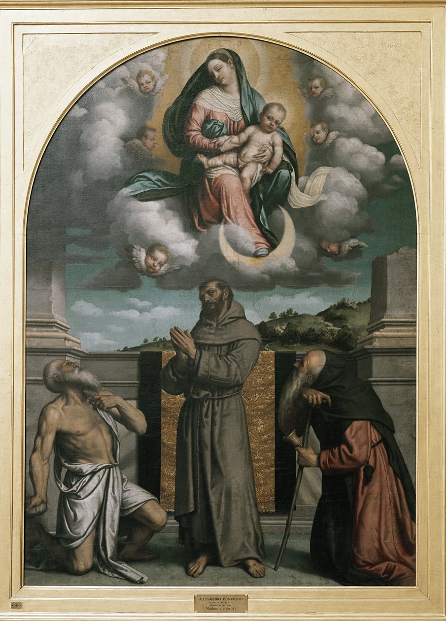 Virgin and Child in Glory, med Saint Hieronymus, Saint Francis of Assisi och Saint Anthony (olja på duk, ca 1543) av Alessandro Bonvicino Moretto