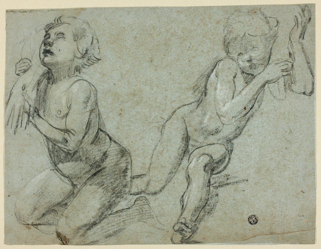 Skisser av två Putti, varav en håller den döde Kristus hand (recto); Torso och ben av knäböjande figur (verso) av Alessandro Casolani