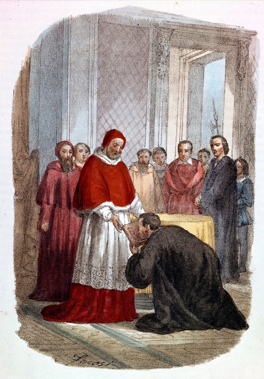 Clement VII (1478 - 1534, Jules de Medicis) accepterar invigningen av "Istorie Fiorentine" av Niccolo di Bernardo dei Machiavelli (Nicolas Machiavel av Alessandro Focosi