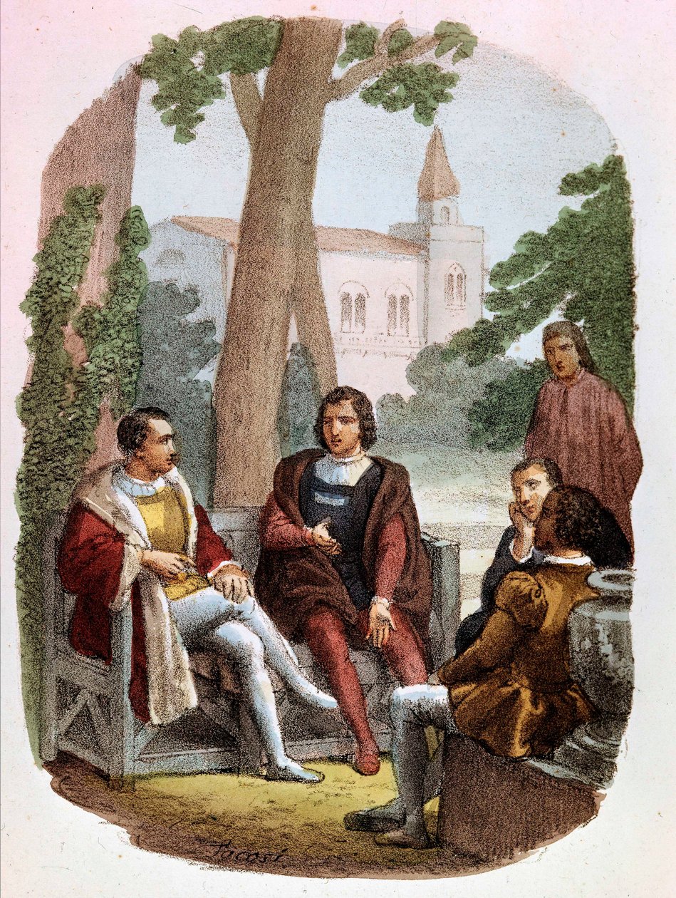 Fabrizio Colonna och Cosimo Rucellai diskuterar krigskonsten - i "" Kompletta verk av Niccolo Machiavelli "", Illustration av Alessandro Focosi (1836 - 1869). "The Art of War" av Niccolo av Bernardo Dei Machiavelli (Nicolas Machiavel av Alessandro Focosi