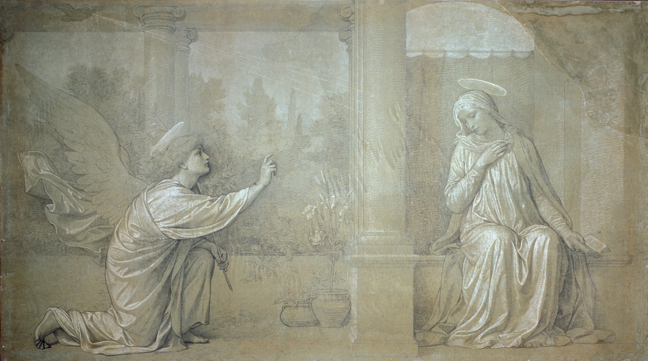 Bebådelsen, förberedande tecknad serie för fresken Cappella Raffo på Misericordia-kyrkogården, Siena av Alessandro Franchi