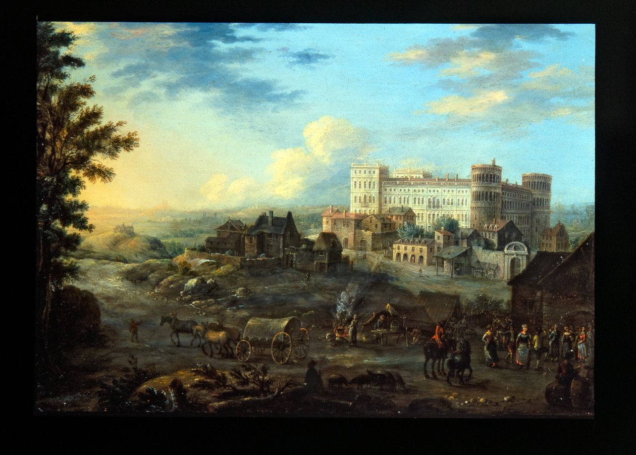 En vy över Danzig; Capriccio vy över ett palats (metall: försilvrad koppar) av Alessandro Greuenbroeck