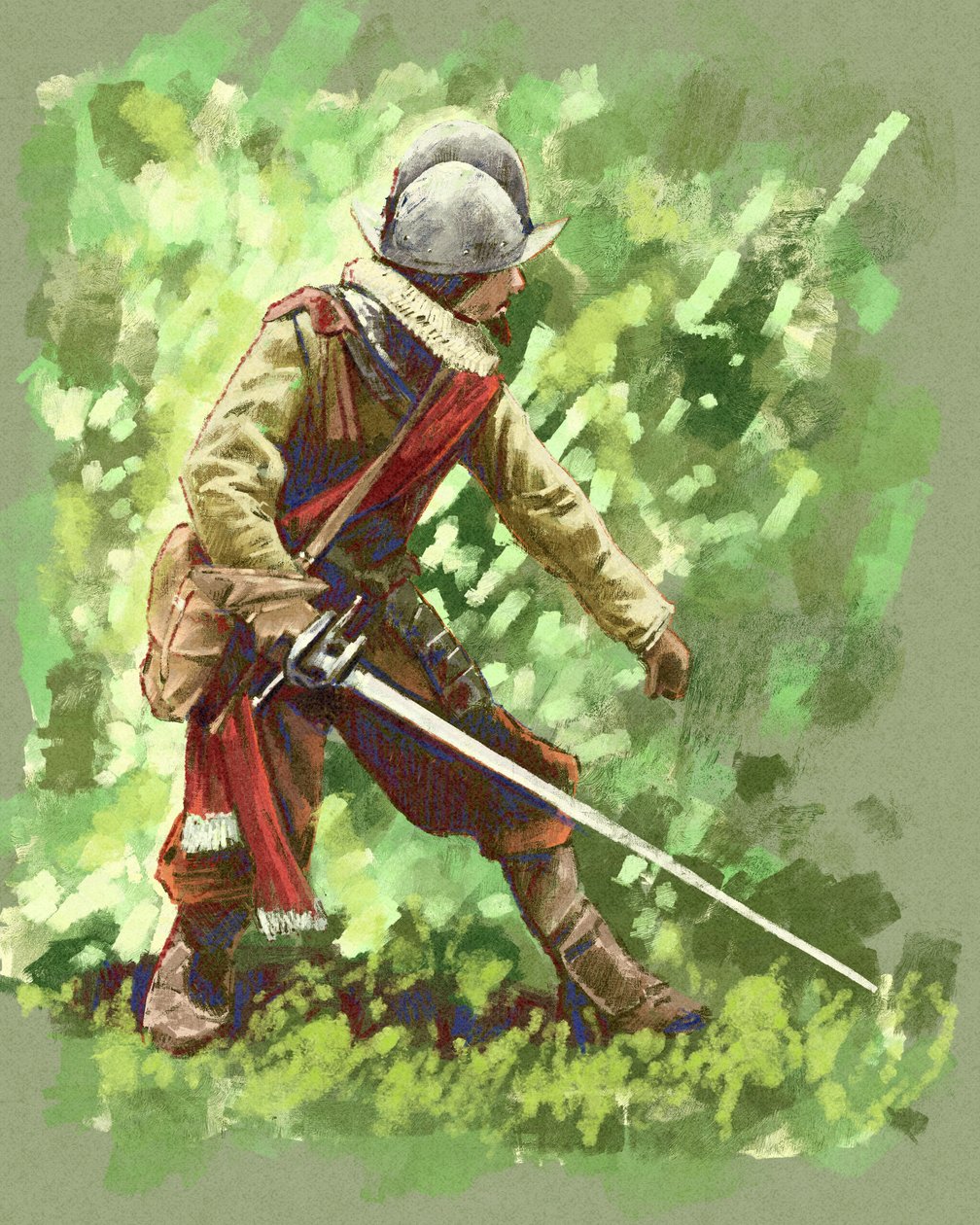 En spansk conquistadorsoldat från 1600-talet genom den sydamerikanska djungeln (illustration) av Alessandro Lonati