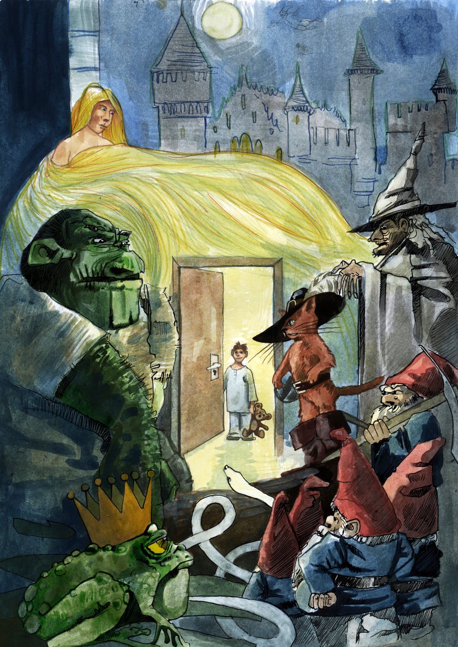 Ett barn som stirrar på sagornas karaktärer som Puss i stövlar, en prinsessa och en padda, Seven Dwarfs av Alessandro Lonati