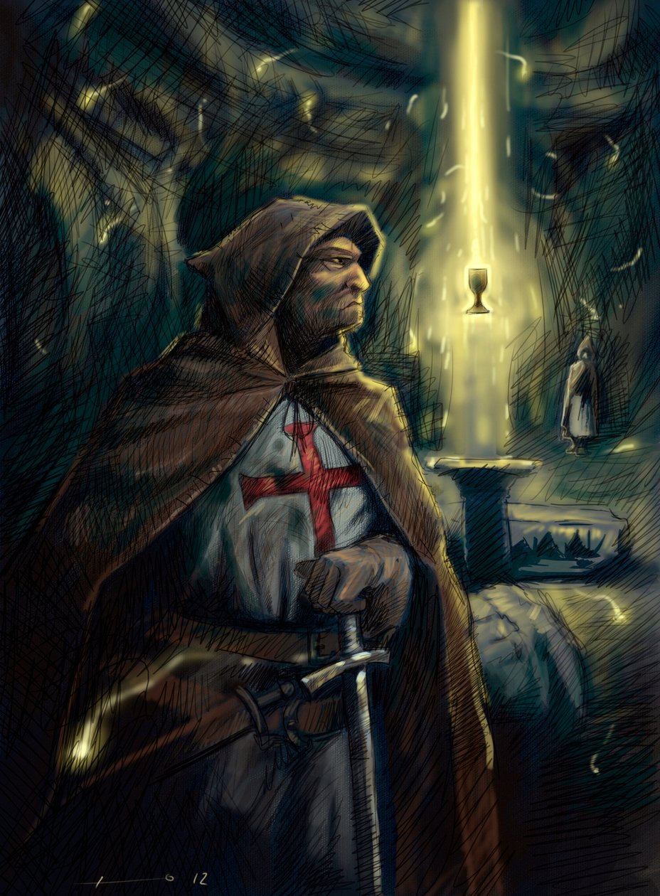 En riddare av Tempelherreorden (templaren) bakom sig den heliga grals bägare. Illustration Alessandro Lonati av Alessandro Lonati