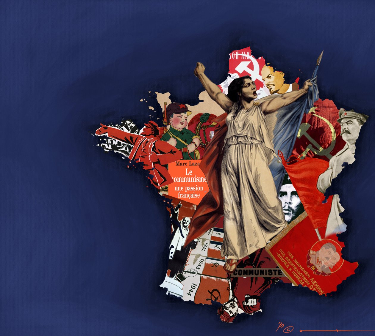 En mariana mot en bakgrund av kommunistiskt collage. Allegori över kommunismen i Frankrike. 2010 Färgteckning av Alessandro Lonati. av Alessandro Lonati