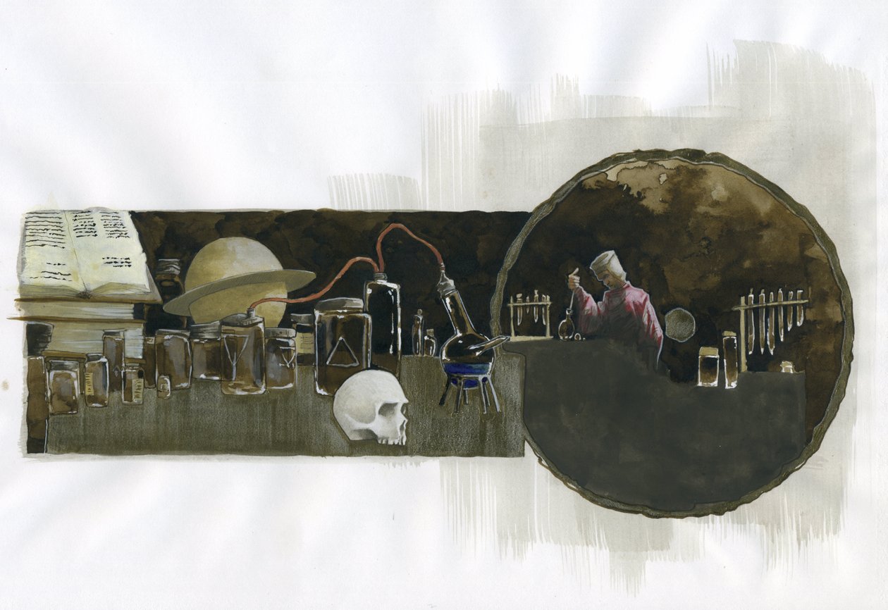 Alkemist i sitt laboratorium omgiven av flaskor och stillbilder Illustration av Alessandro Lonati av Alessandro Lonati