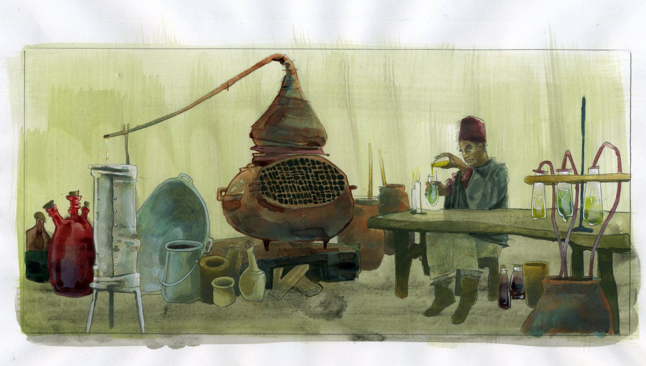 Alkemist i sitt laboratorium med burkar och stillbild (alkemist i sitt laboratorium med burkar och stillbild) Illustration av Alessandro Lonati av Alessandro Lonati