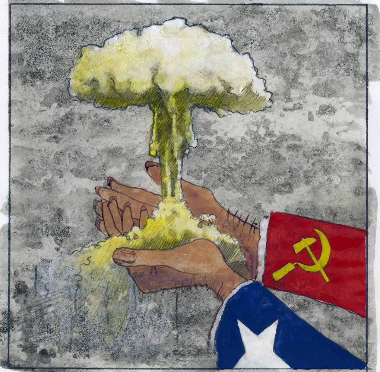 Allegorisk representation av det kalla kriget som amerikanska och sovjetiska händer som håller atommolnet Illustration av Alessandro Lonati av Alessandro Lonati