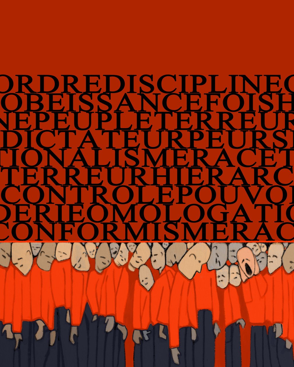 Allegori om diktaturens tyngd, förtryck, disciplin över människan, folkmassa krossad av makt och rädsla för tyranner - Illustration 2014 av Alessandro Lonati