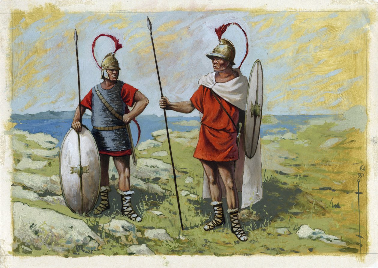 Antikens Grekland: tureofor legosoldat (Thureophoros eller Thureophoroi) (3:e-1:a århundradet f.Kr.) (höger) och Thorakites (Thorakitai) (vänster). Teckning av Alessandro Lonati av Alessandro Lonati