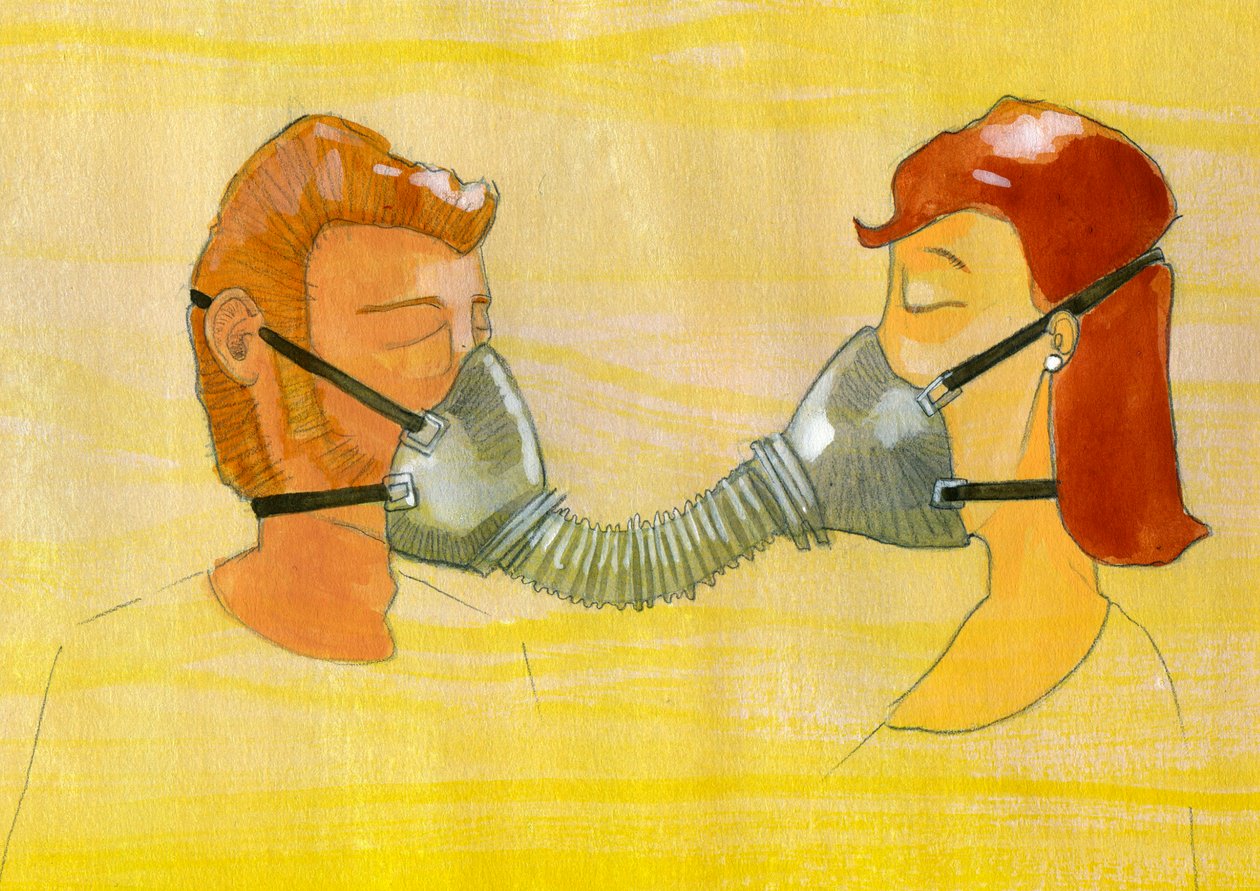Förväntan, föroreningar: ett par som delar samma gasmask Illustration av Alessandro Lonati av Alessandro Lonati