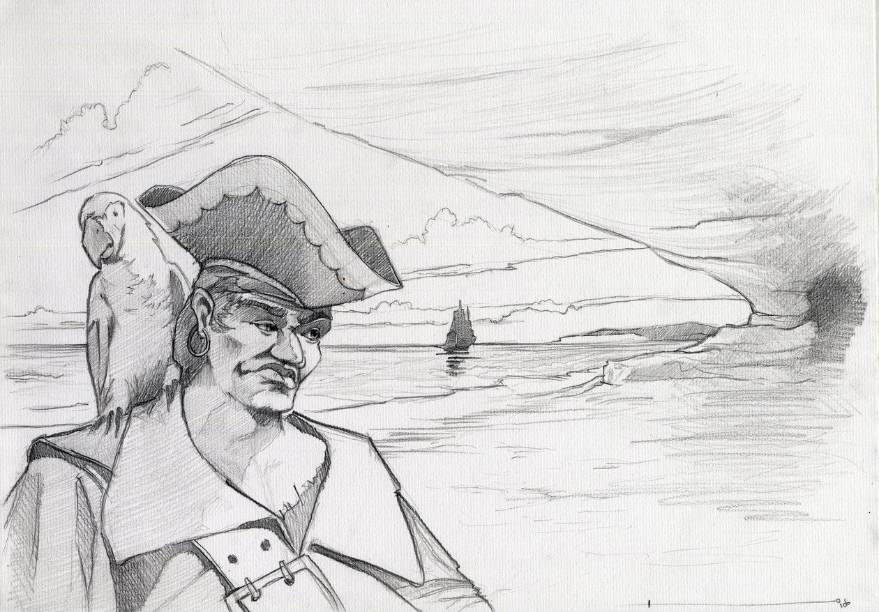 Karibisk pirat med papegoja som letar efter en skatt i en grotta på en strand, med galjon. Teckning av Alessandro Lonati. av Alessandro Lonati