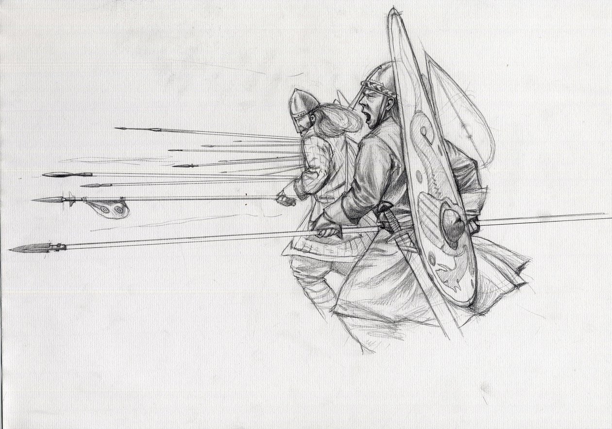 Ansvar för normandiska krigare av infanteriet i slaget vid Hastings 1066. Teckning av Alessandro Lonati. av Alessandro Lonati
